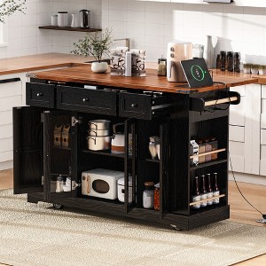 LOVSON 53"Farmhouse Kitchen Island Cart,with Power Outlet,Drop Leaf,3 Drawers & 5 Open Racks,for Kitchen,Dining Room-Black - 1 of 4