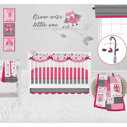 Bacati - Owls in the Woods Pink Fuschia Gray 10 pc Crib Bedding Set with Long Rail Guard Cover - image 1 of 4