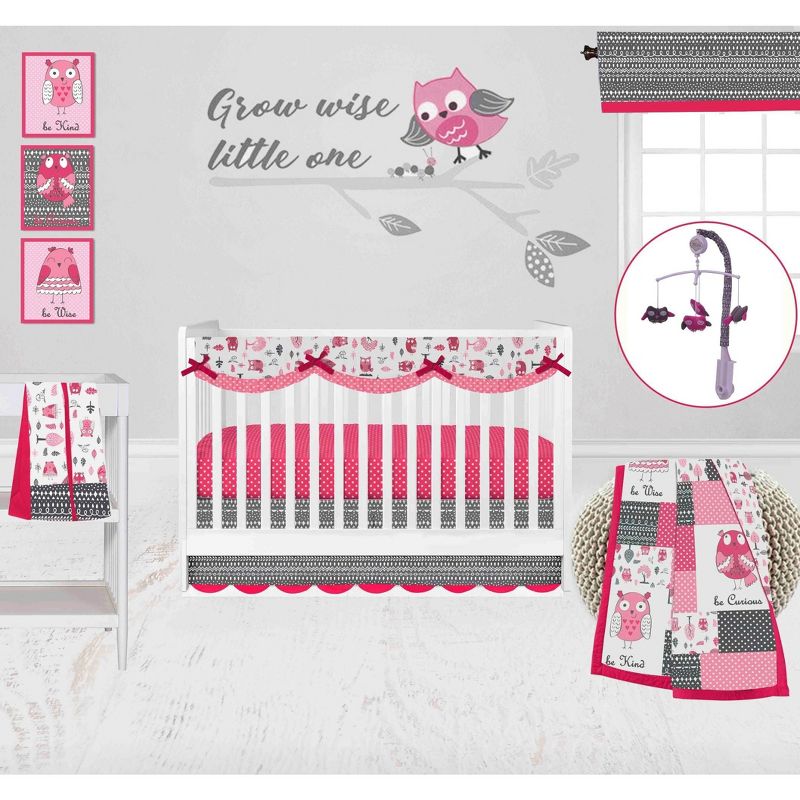 Bacati - Owls in the Woods Pink Fuchsia Gray 6 pc Crib Baby Girl Bedding Set with Long Rail Guard Cover, 3 of 12