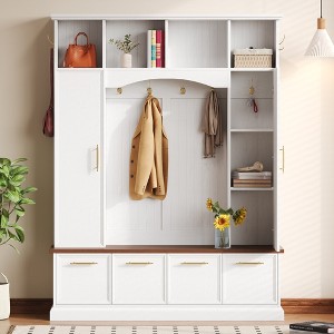 4-in-1 Hall Tree Mudroom Coat Rack Entryway Bench Entryway Shoe Cabinet with Hooks, Adjustable Shelves & Compartment with Flip-down Doors - ModernLuxe - 1 of 4