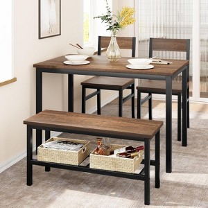 3-Piece Retro Brown Dining Set | Rectangular Table + 2 Upholstered Benches (Seats 4) | Chamfered Metal Frame for Small Kitchens/Apartments - 1 of 4