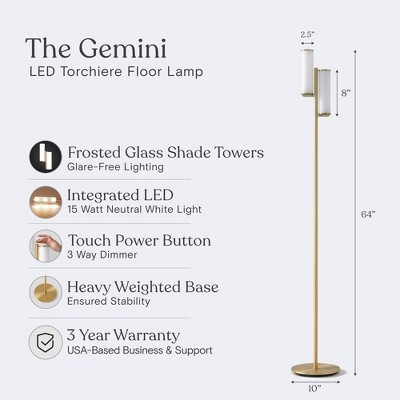 Gemini 64" Brass Mid-Century Modern 3-Way Dimming LED Floor Lamp