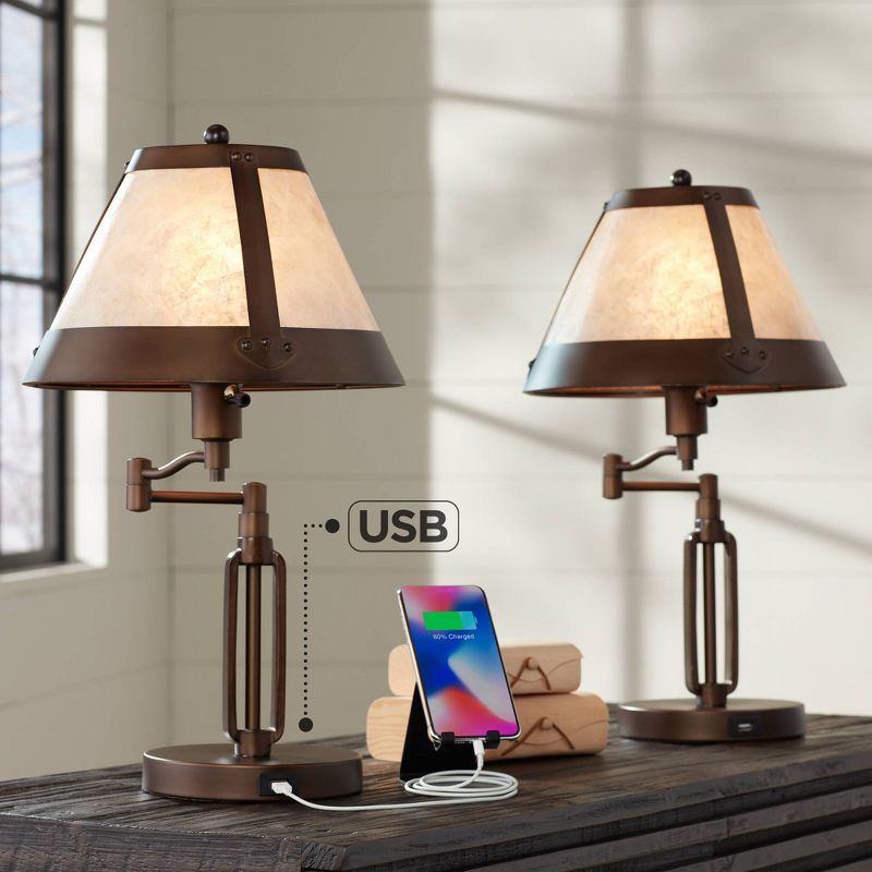Franklin Iron Works Samuel Industrial Desk Lamps 21 1/4" High Set of 2 Bronze Swing Arm with USB Charging Port Natural Mica Shade for Living Room Home, 2 of 8