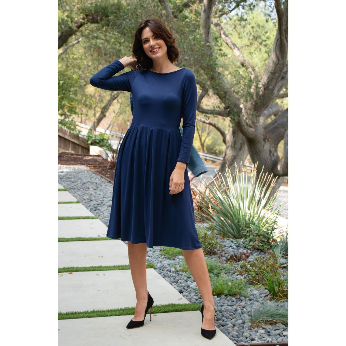 Womens Round Neck Long Sleeve Pleated Fit N Flare Pocket Midi Dress - 24seven Comfort Apparel™ - thumbnail 6