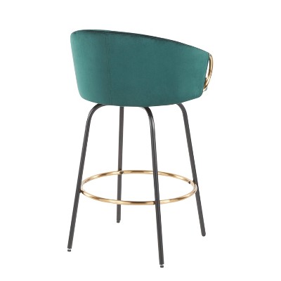 Emerald Green Velvet and Gold Metal Swivel Counter Stools, Set of 2