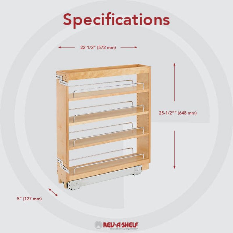 Rev-A-Shelf Pull Out Kitchen Cabinet Storage Organizer Spice Rack w/3 Adjustable Sliding Wood Shelves, Chrome Rails, & 100lb Capacity, 4 of 7