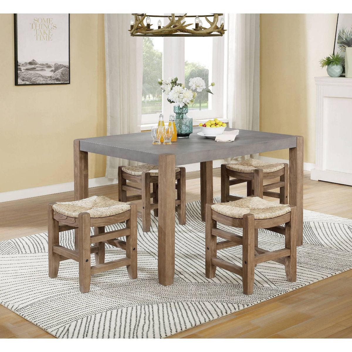 Set of 2 Davenport Wood Stools with Rush Seats Light Amber - Alaterre Furniture: Rustic Square Frame - thumbnail 4