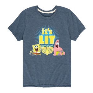 Boys' SpongeBob SquarePants It's Lit Hanukkah Short Sleeve Graphic T-Shirt - Heather Blue - Medium - 1 of 4
