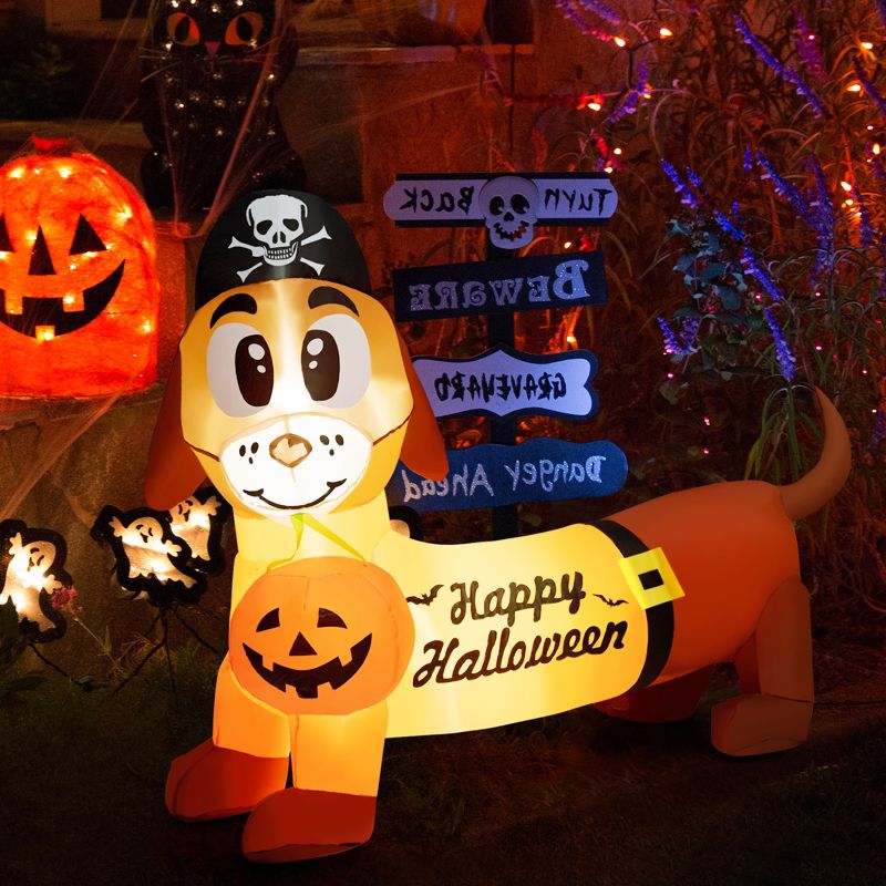 Tangkula 5.5 FT Long Halloween Inflatable Decoration Blow Up Dachshund Wiener Dog w/ Pirate Hat & Pumpkin Built-in LED Lights, 2 of 10