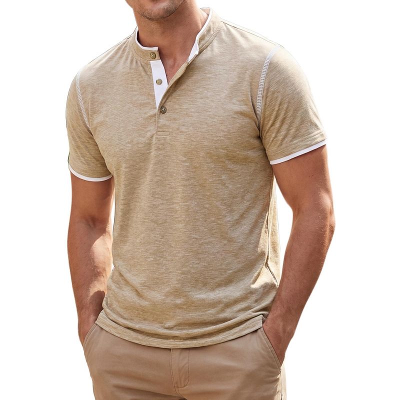 INSPIRE CHIC Men's Short Sleeve Casual Contrast Trim Henley T-Shirts Small Beige