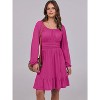 Long Lantern Sleeve Swing Dress with Square Neck & Ruffle Hem, Elastic Waist A-Line Short Dress for Women, Fall Fashion Dark Pink - 3 of 4