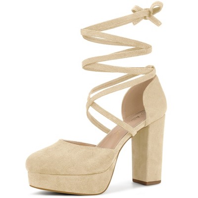 Allegra K Women's Faux Suede Round Toe Platform Block Heel Lace-Up Pumps