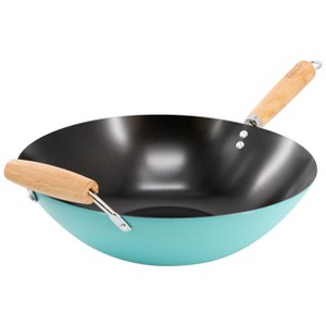 Martha Stewart Everyday Clarkston 14 Inch Nonstick Carbon Steel Wok with Wooden Handle in Teal - 1 of 4