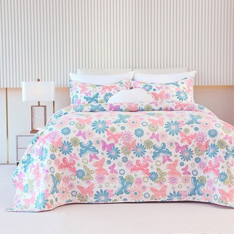 Acoinel Butterfly Floral Quilt Set - 3-Piece Reversible Bedspread with Pillow Shams,King