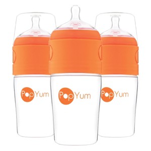 PopYum 9oz Anti-Colic Baby Bottle for Breast and Formula Feeding, 3-Pack, Orange, #2 Medium Flow Nipples - 1 of 4