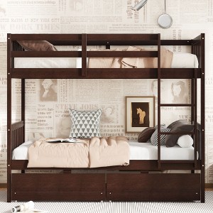 NicBex Twin Over Twin Rubber Wood Bunk Bed with Fence and 2 Drawers,Loft Bed with Ladder for Bedroom,Convertible into 2 Twin Beds,Gray/White/Espresso - 1 of 4