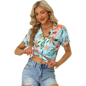 Allegra K Women's Hawaiian Floral Leaves Printed Short Sleeve Button Down Vintage Shirt - 1 of 4