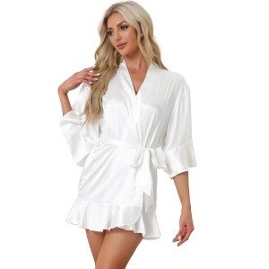 cheibear Women's Satin One Piece Pajama Silky 3/4 Sleeves Tie Waist Loungewear Robes - 1 of 4