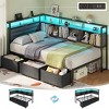 Bed Frame with Storage Bookcase and LED Lights Twin Size Bed Frames with Upholstered Headboard and Charging Station Twin Daybed with 3 Storage Drawers - 2 of 4