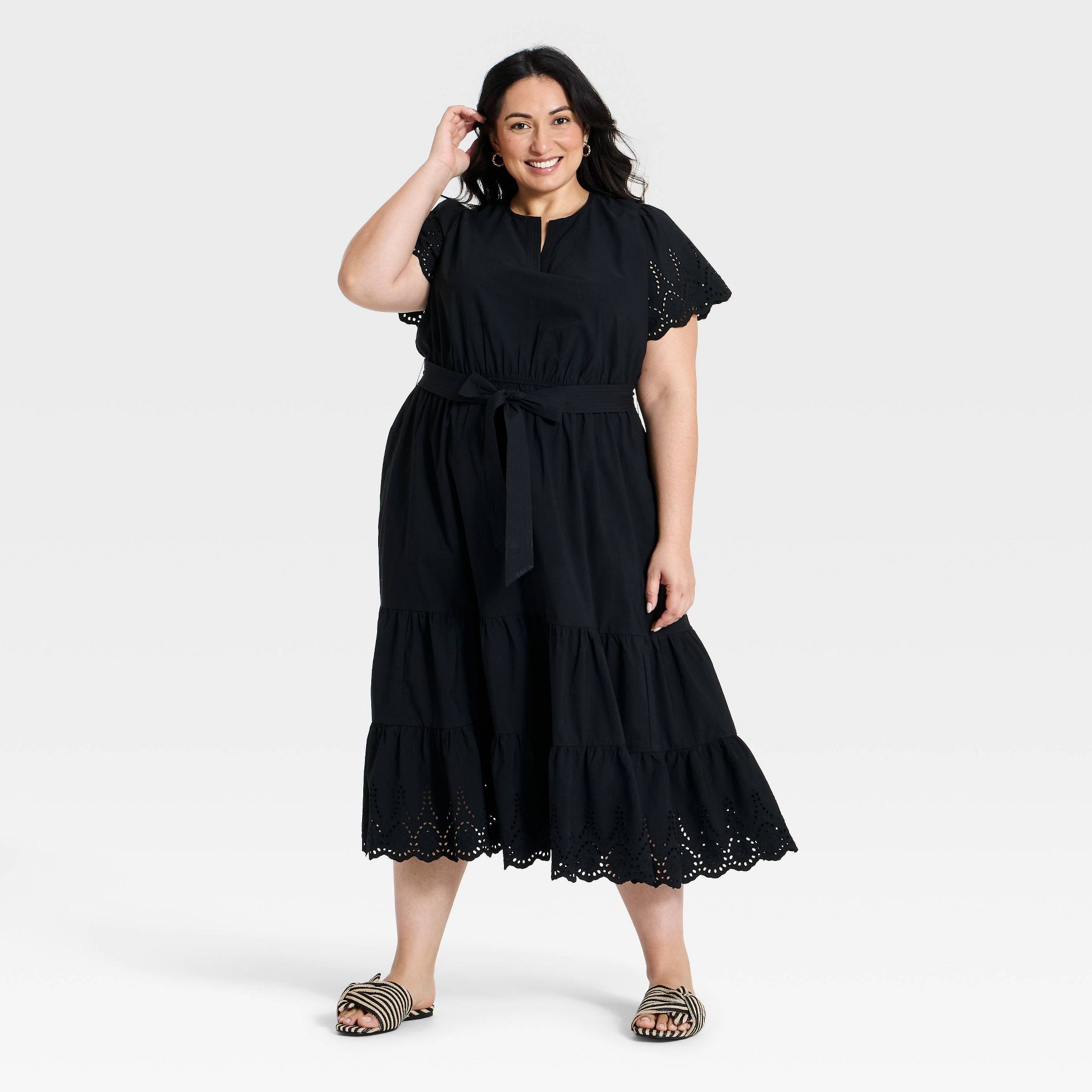 Women's Short Flutter Sleeve V Neck Front Tiered Eyelet Midi Dress - Ava & Viv™