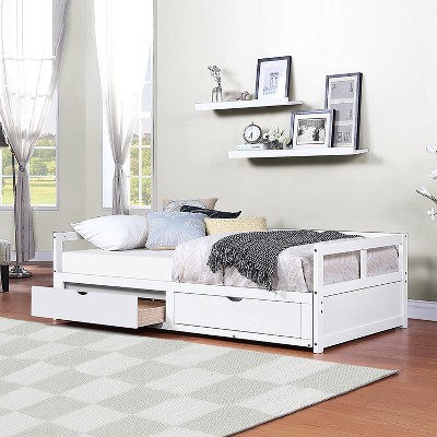 NicBex Wooden Twin Daybed with Trundle Bed and 2 Drawers,Extendable Bed Daybed for Bedroom,Living Room,Apartment