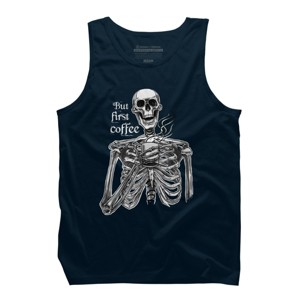 Men's Design By Humans Halloween skeleton drinking coffee. But first coffee By melazergDesign Tank Top - 1 of 2