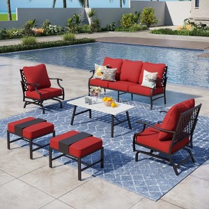 Captiva Designs 6pc Metal Patio Outdoor Conversation Set with Rocking Grid-back Chairs, Ottomans and Coffee Table - 1 of 4