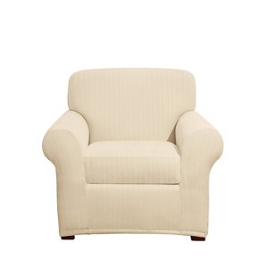2pc Stretch Poly Striped Chair Slipcovers Cream - Sure Fit: Polyester & Spandex, Machine Washable, Indoor Use - 1 of 4