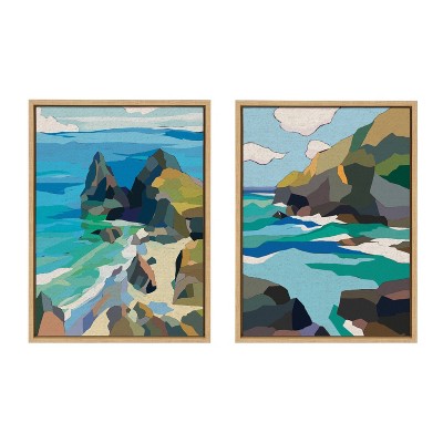 Colorful Coastal Cliff Canvas Art Set in Natural Frame, 18x24, 2-Piece