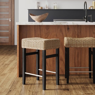 Black and Natural Woven Rattan Saddle Bar Stool with Metal Footrest