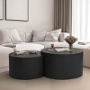 Set of 2 Round Coffee Table Cocktail Table Drum Circle Center Table Side Table with Wave Stripe, Black/Beige-HABITRIO - 2 of 4