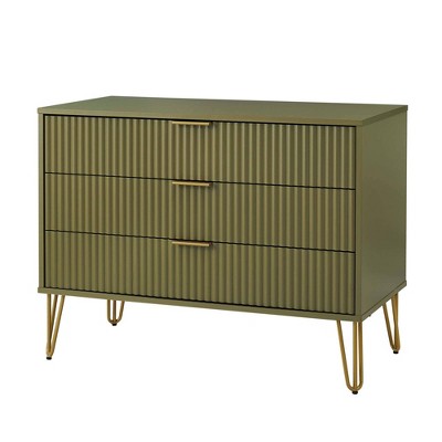 Olive Green 3-Drawer Chest with Gold Hairpin Legs
