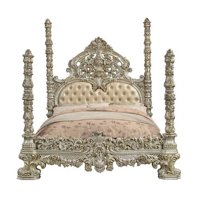 Champagne and Gold King Faux Leather Tufted Bed with Headboard