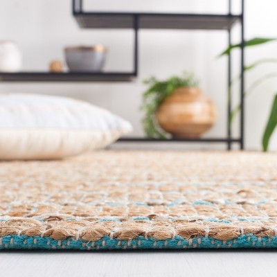 Teal and Natural Handwoven Cotton Jute Runner Rug
