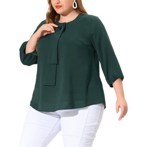 Agnes Orinda Women's Plus Size Chiffon 3/4 Sleeve Tie Front Work Elegant  Blouse Dark Green 4x : Target