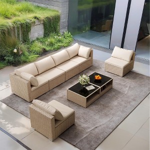 GDFStudio Dana Outdoor 6-Seater Rattan and Metal Upholstered Sectional Sofa Set with Coffee Table - 1 of 4