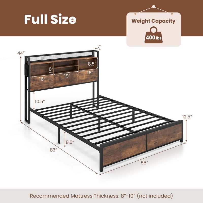 Costway Full/Queen Size Bed Frame with Storage Headboard and Charging Station Vintage Brown, 3 of 11