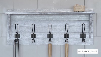 Weathered Pine Wood Wall Mount Storage Rack with 5 Hooks and Shelf