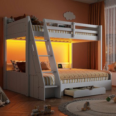 TIRAMISUBEST Twin over Full Bunk Bed with Shelves, Kids Storage Bed Frame with LED, Charging Station and Drawer