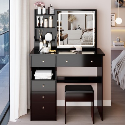 Small Vanity Desk with LED Lighted Mirror & Cushioned Stool, Compact Design with Sliding Drawer for Teen Girls Bedroom-Cuddlewood