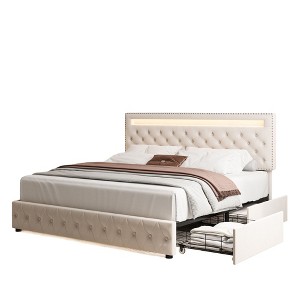 CAVINAS Full/Queen/King Size Modern Platform Bed Frame with LED on Headboard & 4 Storage Drawers,No Box Spring Needed - 1 of 4