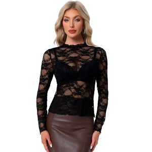 INSPIRE CHIC Women's Mesh Mock Neck Sheer See Through Floral Lace Blouse - 1 of 4