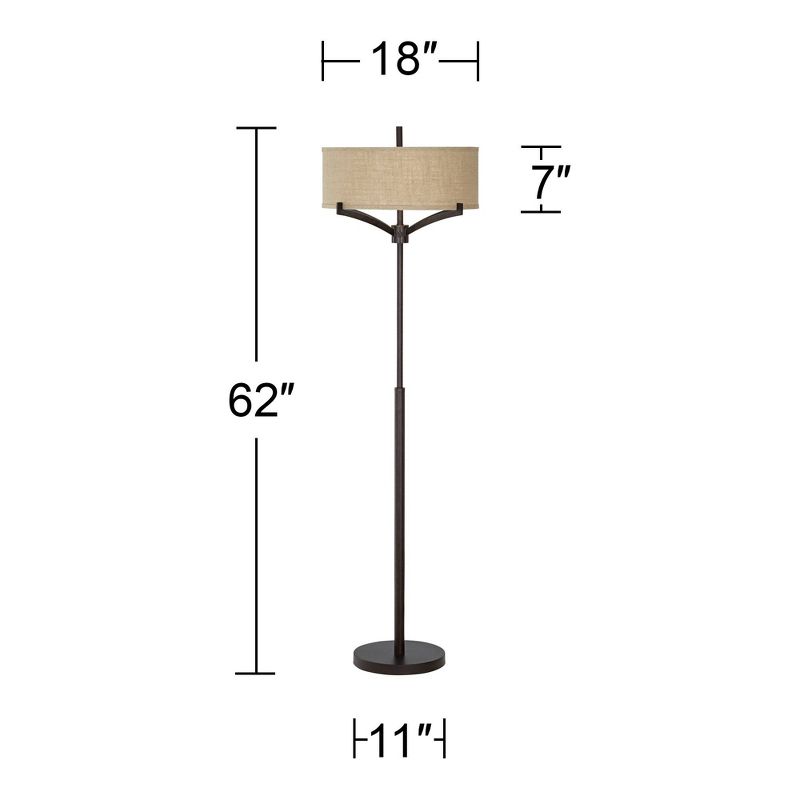 Franklin Iron Works Tremont Mid Century Modern Floor Lamp 62" Tall Deep Bronze Metal Tan Burlap Drum Shade for Living Room Bedroom Office House Home, 5 of 11