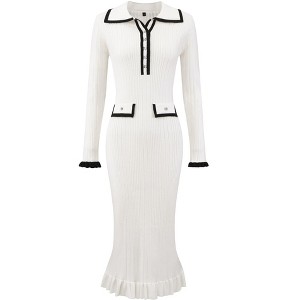 INSPIRE CHIC Women's Long Sleeve Contrast Trim Ruffled Fall Winter Ribbed Knit Bodycon Sweater Dress - 1 of 4