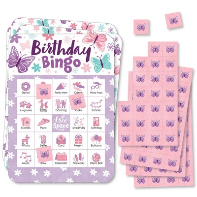 Big Dot of Happiness Beautiful Butterfly - Picture Bingo Cards and Markers - Floral Birthday Party Shaped Bingo Game - Set of 18