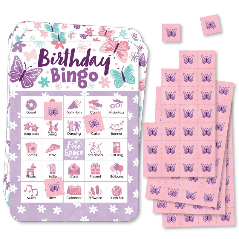Big Dot of Happiness Beautiful Butterfly - Picture Bingo Cards and Markers - Floral Birthday Party Shaped Bingo Game - Set of 18, 1 of 6