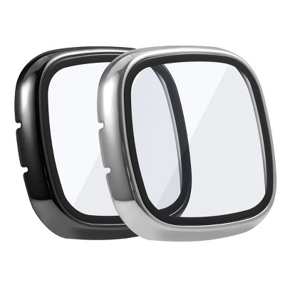 Insten 2-Pack Case For Fitbit Versa 3 and Fitbit Sense, Built in Tempered Glass Screen Protector Plating Hard Cover (Black + Silver)