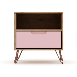 Gulches Mid-Century Modern 1-Drawer Nightstand with Open Shelf, Pink MDF Side Table, Metal Splayed Legs, 11Lb Capacity, Customizable Handle - 1 of 4
