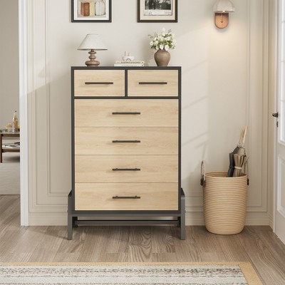 4+2 Drawer Dresser, Combination Chest with PB Frame & MDF Top, Pure Natural Wood Finish, Storage Cabinet with 2 Small & 4 Large Drawers