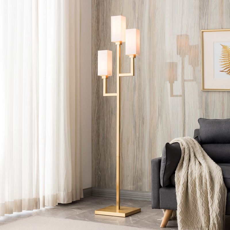Hampton &#38; Thyme 3-Light Torchiere Floor Lamp with Fabric Shade Brass/White, 3 of 12